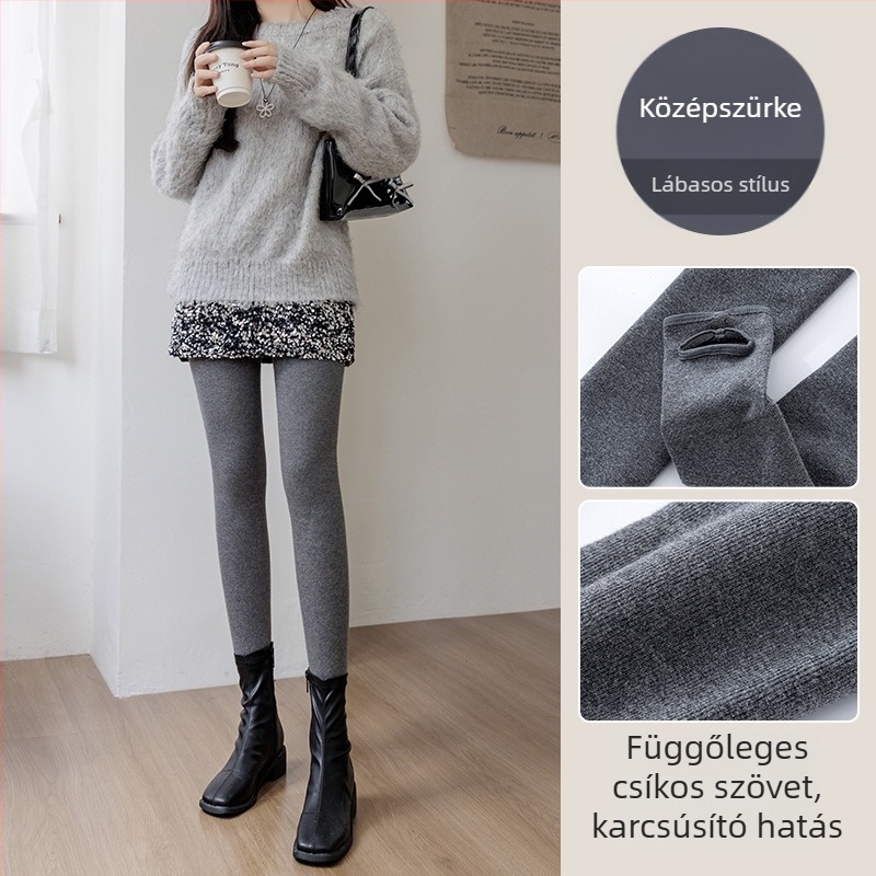 Pamut leggings filccel bélelt, magas derekú, szoros fazon, bordázott textúra, közepes vastagság