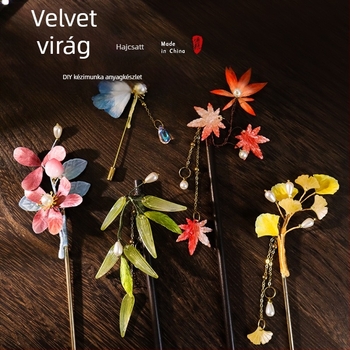 Velúr virágos hajtű – DIY anyagkészlet, ősi stílus, ötvözet, egyedileg csomagolva, 2025 tavasz