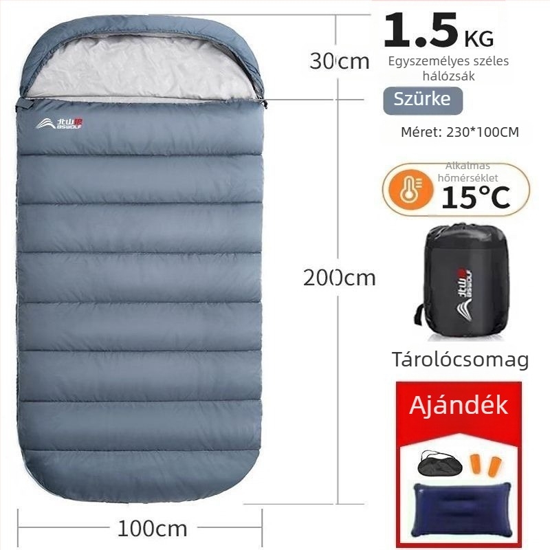 Felnőtt alvózsák, kültéri, széles és vastag, négy évszakos, hordozható, téglalap alakú dizájn; anyag: nylon; bélés: poliészter-pamut