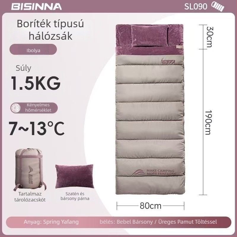 Felnőtt alvózsák, kültéri, széles és vastag, négy évszakos, hordozható, téglalap alakú dizájn; anyag: nylon; bélés: poliészter-pamut