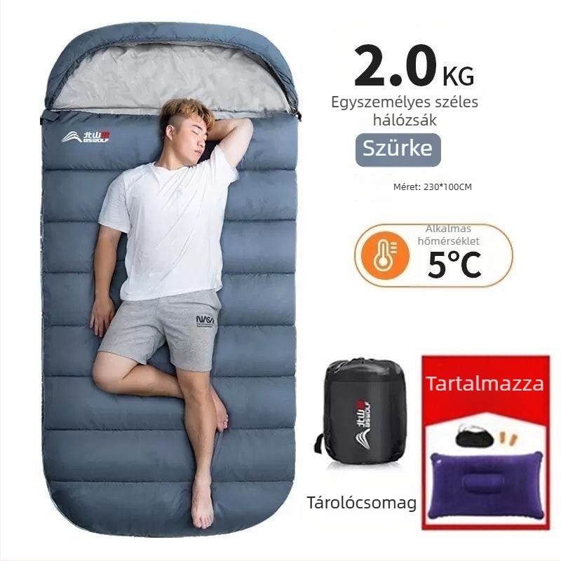 Felnőtt alvózsák, kültéri, széles és vastag, négy évszakos, hordozható, téglalap alakú dizájn; anyag: nylon; bélés: poliészter-pamut