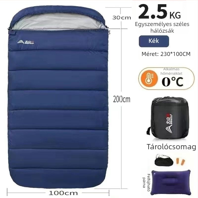 Felnőtt alvózsák, kültéri, széles és vastag, négy évszakos, hordozható, téglalap alakú dizájn; anyag: nylon; bélés: poliészter-pamut