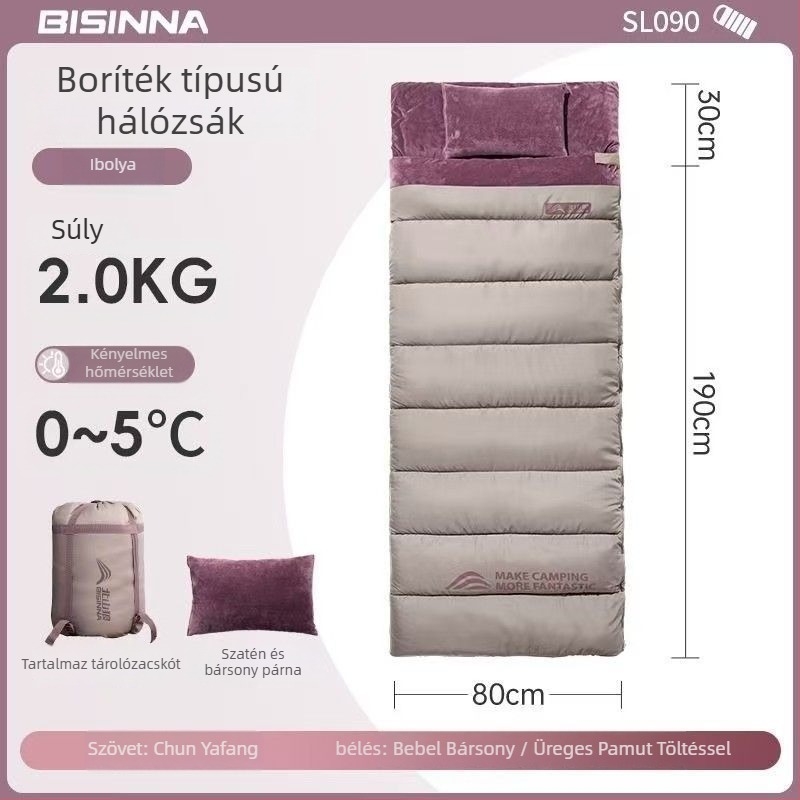 Felnőtt alvózsák, kültéri, széles és vastag, négy évszakos, hordozható, téglalap alakú dizájn; anyag: nylon; bélés: poliészter-pamut