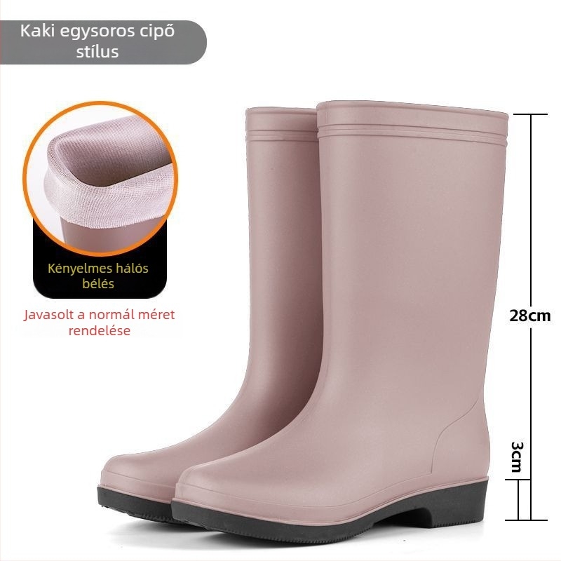 Női magas PVC esőcsizma fleece béléssel, vízálló és csúszásmentes, alacsony sarok 1-3 cm, négy évszakos