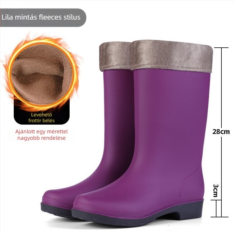 Női magas PVC esőcsizma fleece béléssel, vízálló és csúszásmentes, alacsony sarok 1-3 cm, négy évszakos