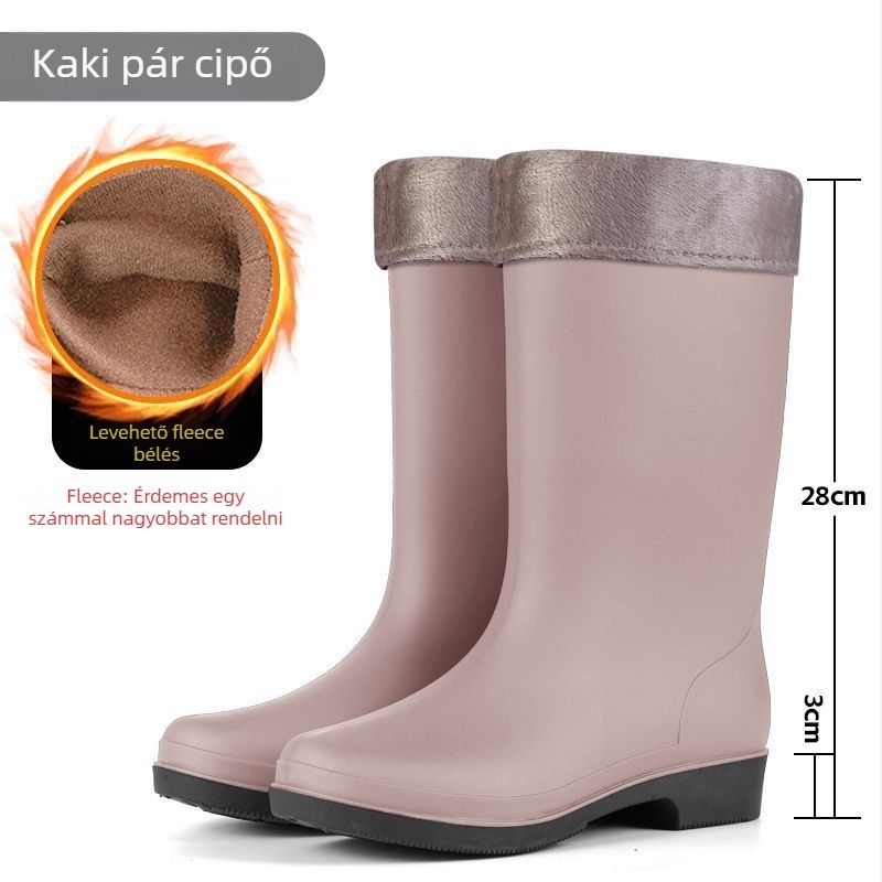 Női magas PVC esőcsizma fleece béléssel, vízálló és csúszásmentes, alacsony sarok 1-3 cm, négy évszakos