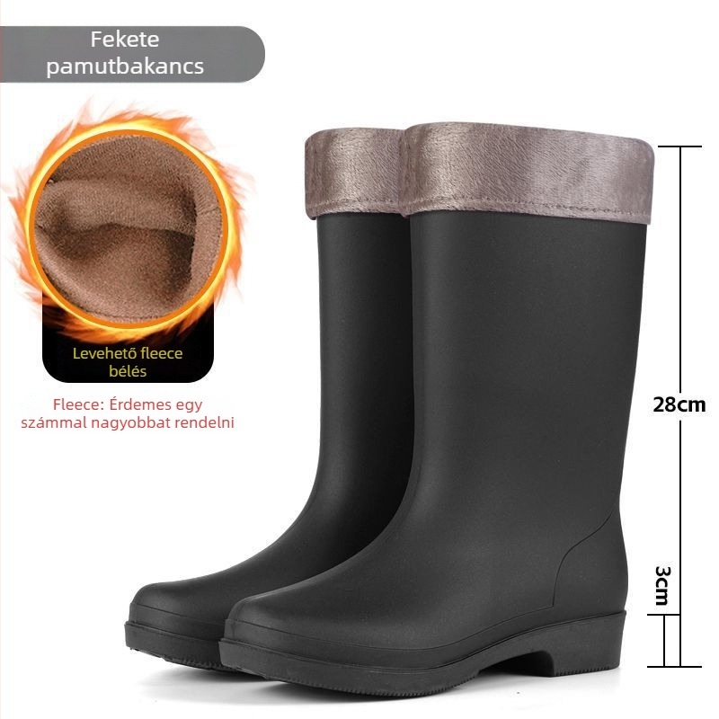 Női magas PVC esőcsizma fleece béléssel, vízálló és csúszásmentes, alacsony sarok 1-3 cm, négy évszakos