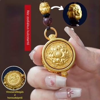 Sárgaréz kulcstartó 12 állatövi motívummal és bőségszarv motívummal, klasszikus stílus