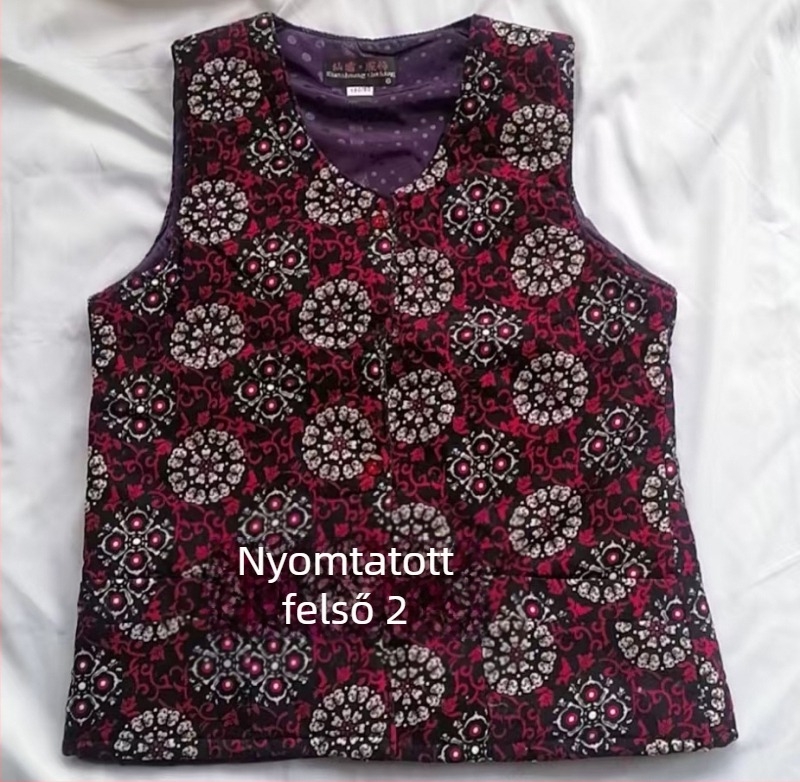 Női mellény külső viseletre, V-nyakú, rövid fazon, A-alakú szabás, cipzár, poliészter töltet