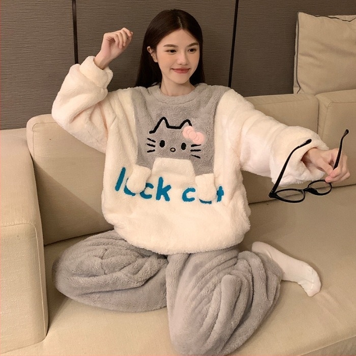 Női plüss pizsama szett — kardigán stílus, élénk és aranyos, hosszú ujjú felső, teljes hosszúságú nadrág, meleg téli viselet 2025