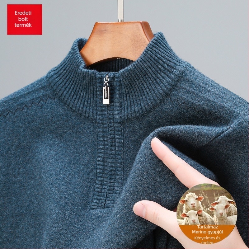 Szabadon szabott gyapjú pulóver féloldalas cipzárral, vastag jacquard kötés, középkorú férfiak számára