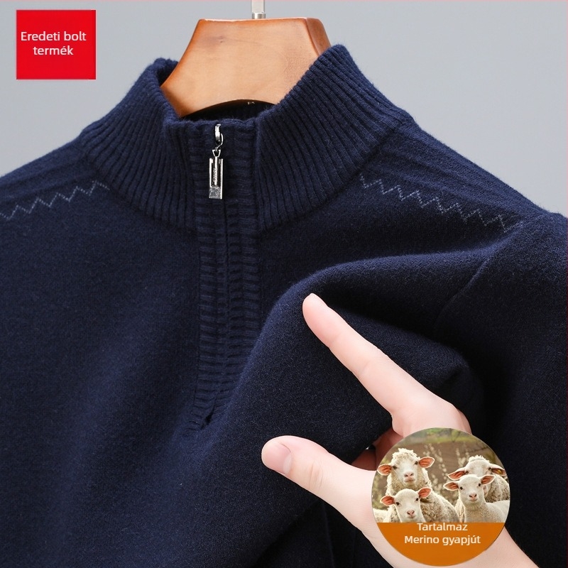 Szabadon szabott gyapjú pulóver féloldalas cipzárral, vastag jacquard kötés, középkorú férfiak számára