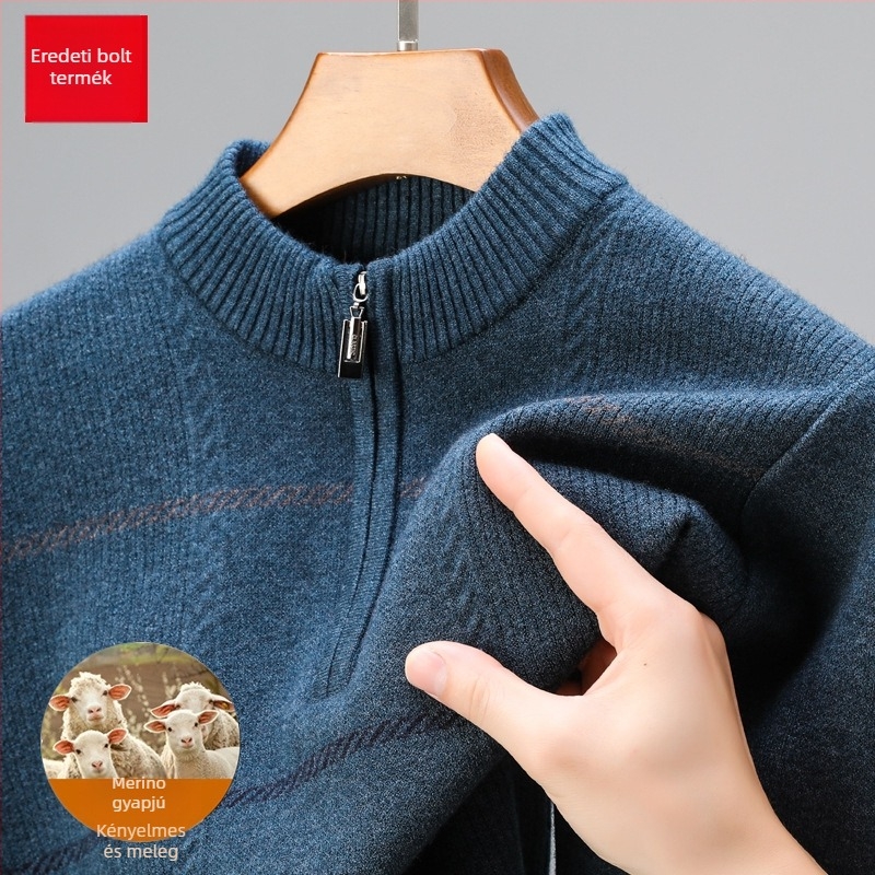 Szabadon szabott gyapjú pulóver féloldalas cipzárral, vastag jacquard kötés, középkorú férfiak számára