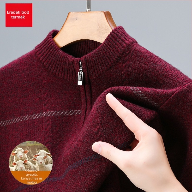 Szabadon szabott gyapjú pulóver féloldalas cipzárral, vastag jacquard kötés, középkorú férfiak számára