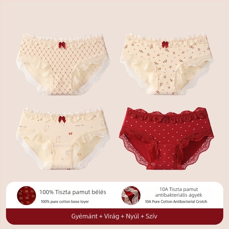 Pamut csipkés háromszög alakú női bugyik tiniknek – antibakteriális, 95–100% pamut, középmagas derekú, virágos mintázat, ló év zodiákusa