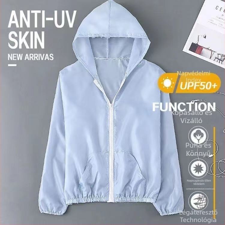 Női kapucnis napvédő kabát, poliészter anyag, lélegző, gyorsan száradó, UV-védelmet nyújt