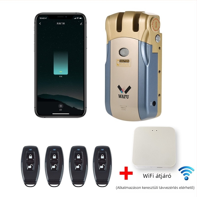 WAFU WF-019 elektronikus zár vezeték nélküli távirányítással; test cink ötvözetből; otthoni használatra; alkalmas biztonsági, tűzvédelmi ajtókra, fa, üveg és alumínium ajtókra
