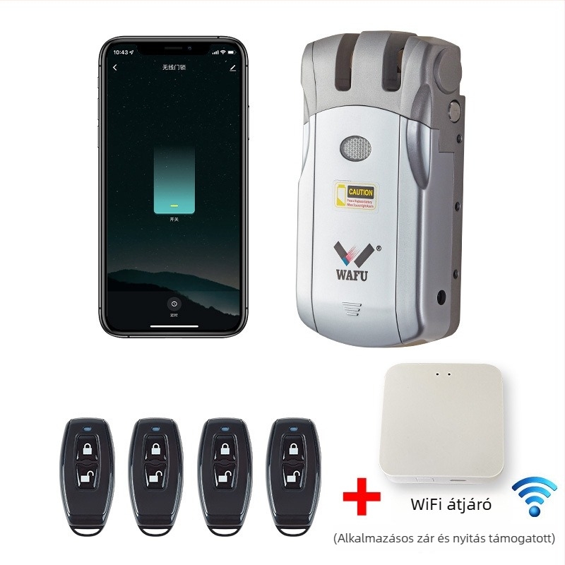 WAFU WF-019 elektronikus zár vezeték nélküli távirányítással; test cink ötvözetből; otthoni használatra; alkalmas biztonsági, tűzvédelmi ajtókra, fa, üveg és alumínium ajtókra