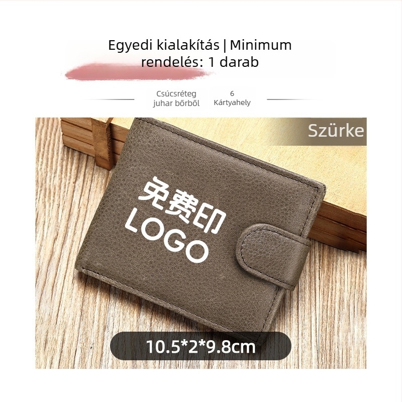 Valódi bőr férfi rövid pénztárca, két rétegből álló marhabőr, 2 hajtás, egyszínű mintázat, bélés poliészter-pamut, kopásálló és bővíthető