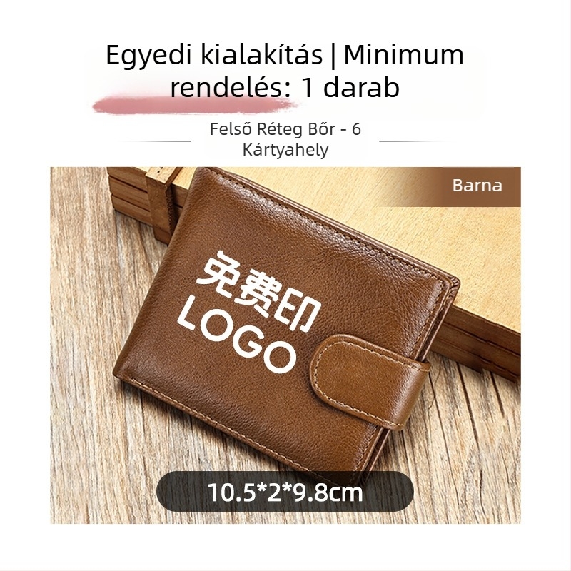 Valódi bőr férfi rövid pénztárca, két rétegből álló marhabőr, 2 hajtás, egyszínű mintázat, bélés poliészter-pamut, kopásálló és bővíthető