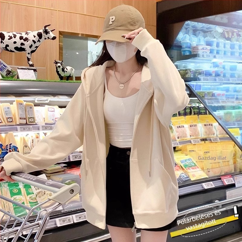 Női Harajuku-stílusú fleece-béléses kapucnis pulóverdzseki, lazább szabásban, őszi-téli 2025