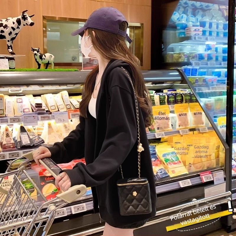 Női Harajuku-stílusú fleece-béléses kapucnis pulóverdzseki, lazább szabásban, őszi-téli 2025