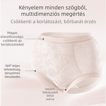 Női csipkés magas derekú alsónemű, lélegző és antibakteriális; anyag 80–90% nylon; része 90–95% viszkóz; mintázat: törött virágok