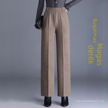 Női egyenes nadrág ősz-télre, magas derékkal, zsebekkel, szövött anyag, 70–80% gyapjú, mercerizált felülettel.