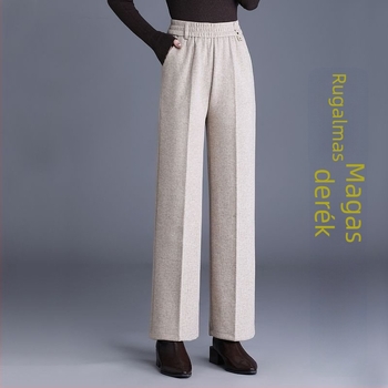 Női egyenes nadrág ősz-télre, magas derékkal, zsebekkel, szövött anyag, 70–80% gyapjú, mercerizált felülettel.