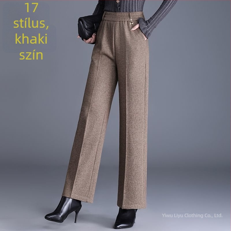 Női egyenes nadrág ősz-télre, magas derékkal, zsebekkel, szövött anyag, 70–80% gyapjú, mercerizált felülettel.
