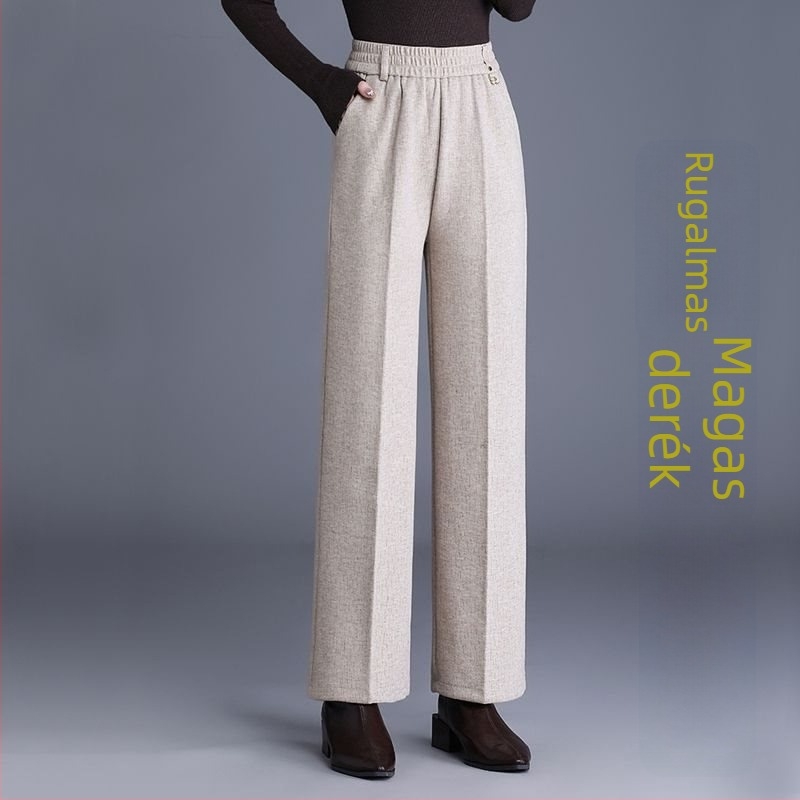 Női egyenes nadrág ősz-télre, magas derékkal, zsebekkel, szövött anyag, 70–80% gyapjú, mercerizált felülettel.