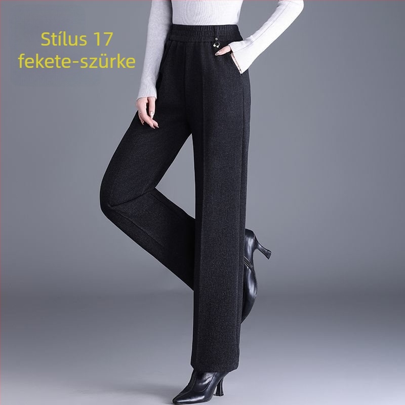 Női egyenes nadrág ősz-télre, magas derékkal, zsebekkel, szövött anyag, 70–80% gyapjú, mercerizált felülettel.
