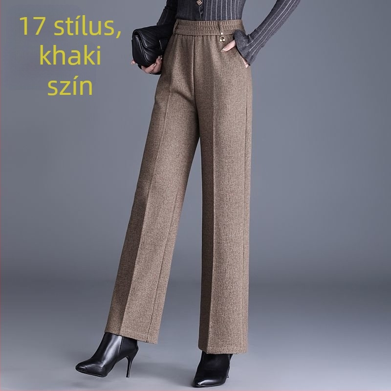 Női egyenes nadrág ősz-télre, magas derékkal, zsebekkel, szövött anyag, 70–80% gyapjú, mercerizált felülettel.