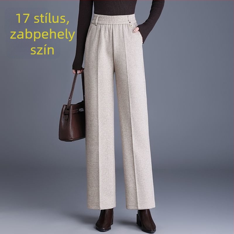 Női egyenes nadrág ősz-télre, magas derékkal, zsebekkel, szövött anyag, 70–80% gyapjú, mercerizált felülettel.