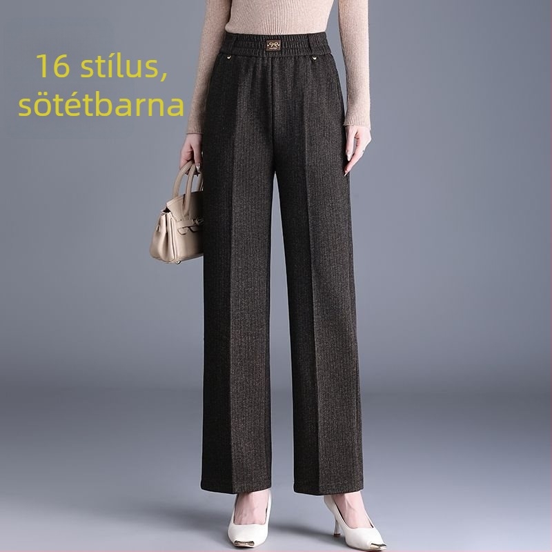 Női egyenes nadrág ősz-télre, magas derékkal, zsebekkel, szövött anyag, 70–80% gyapjú, mercerizált felülettel.