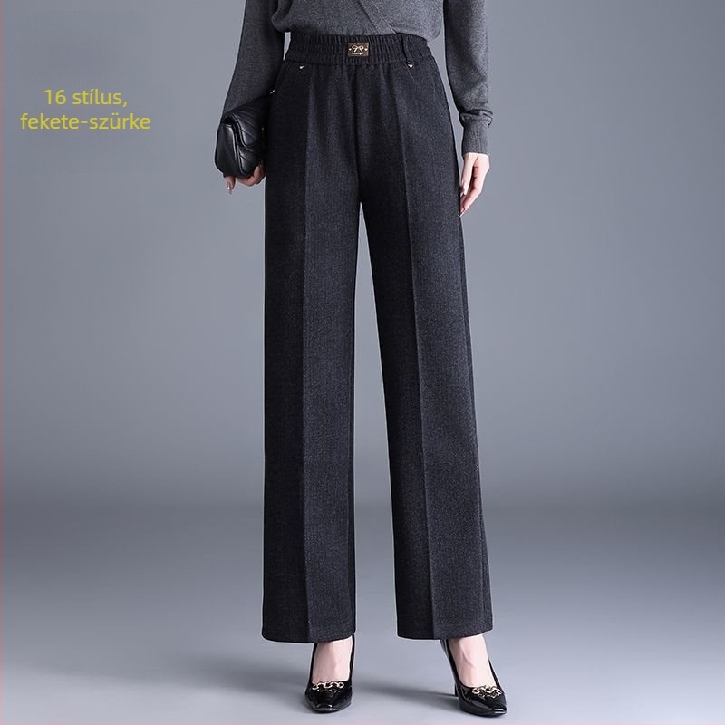 Női egyenes nadrág ősz-télre, magas derékkal, zsebekkel, szövött anyag, 70–80% gyapjú, mercerizált felülettel.