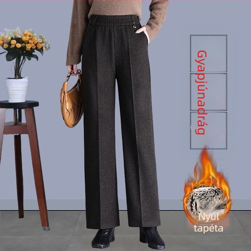 Női egyenes nadrág ősz-télre, magas derékkal, zsebekkel, szövött anyag, 70–80% gyapjú, mercerizált felülettel.