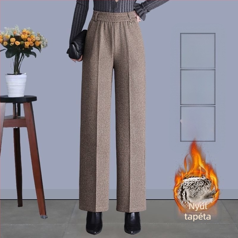 Női egyenes nadrág ősz-télre, magas derékkal, zsebekkel, szövött anyag, 70–80% gyapjú, mercerizált felülettel.