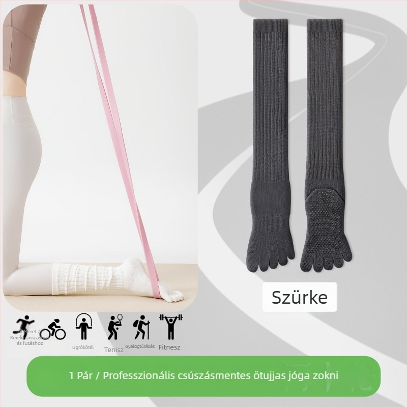 Ötujjú jóga zokni, pamutból, csúszásmentes, varrat nélküli ujjak