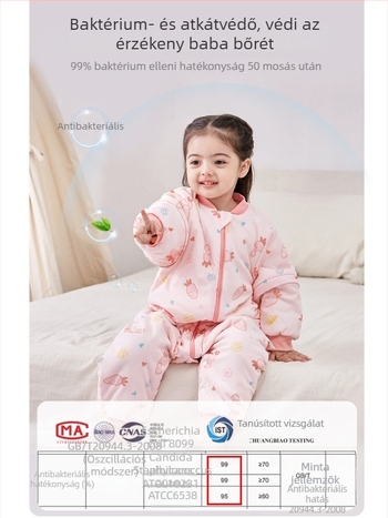 Babáknak és kisgyerekeknek készült hálózsák ujjak nélkül, vastag töltet poliészter és szója rost, belső és külső pamut, antibakteriális, fém cipzár, őszi-téli használatra