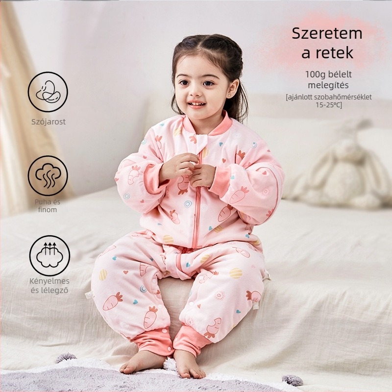 Babáknak és kisgyerekeknek készült hálózsák ujjak nélkül, vastag töltet poliészter és szója rost, belső és külső pamut, antibakteriális, fém cipzár, őszi-téli használatra