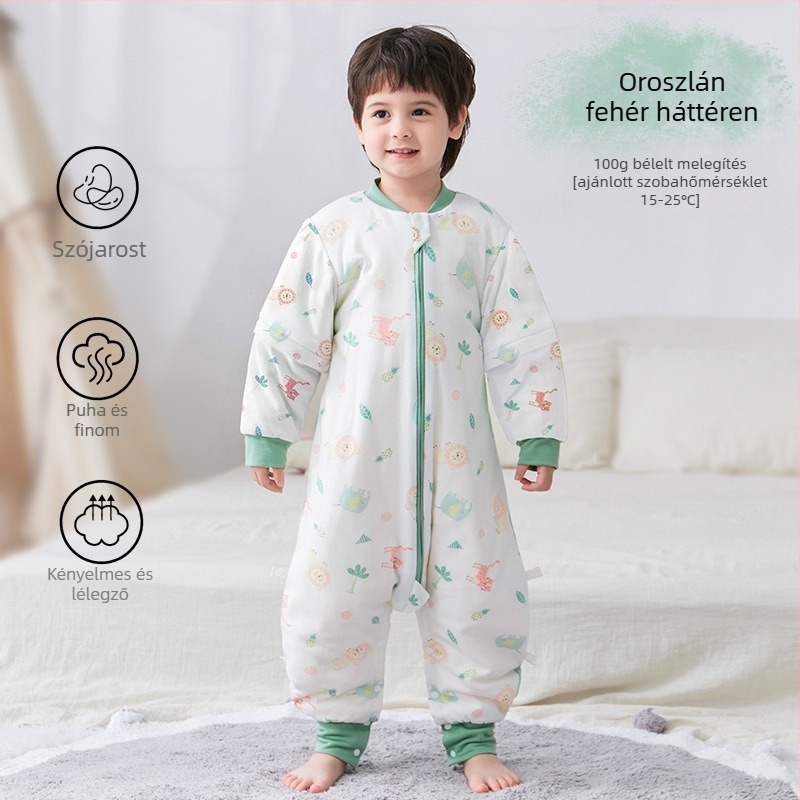 Babáknak és kisgyerekeknek készült hálózsák ujjak nélkül, vastag töltet poliészter és szója rost, belső és külső pamut, antibakteriális, fém cipzár, őszi-téli használatra