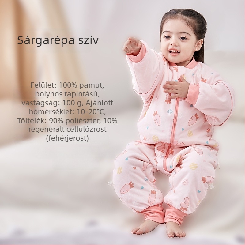 Babáknak és kisgyerekeknek készült hálózsák ujjak nélkül, vastag töltet poliészter és szója rost, belső és külső pamut, antibakteriális, fém cipzár, őszi-téli használatra