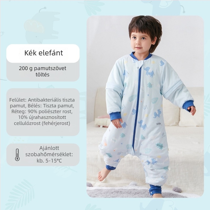 Babáknak és kisgyerekeknek készült hálózsák ujjak nélkül, vastag töltet poliészter és szója rost, belső és külső pamut, antibakteriális, fém cipzár, őszi-téli használatra