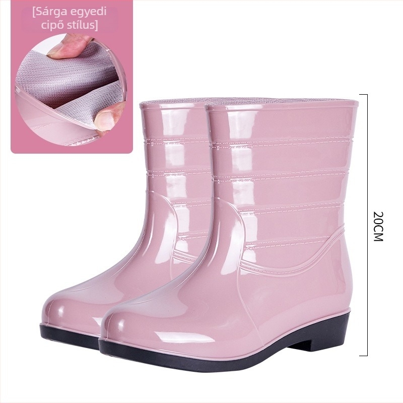 Női PVC esőcsizma – alacsony cső, alacsony sarka 1–3 cm, egész évben, mindennapi stílus.