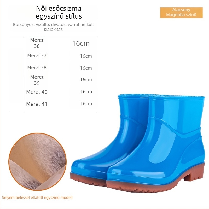 Női PVC esőcsizma – alacsony cső, alacsony sarka 1–3 cm, egész évben, mindennapi stílus.