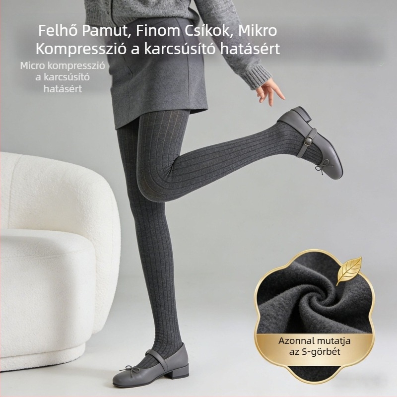 Női fleece belsővel ellátott vastag csíkos leggings, magas rugalmasság, háromnegyedes hossz, egyrészes harisnyanadrág