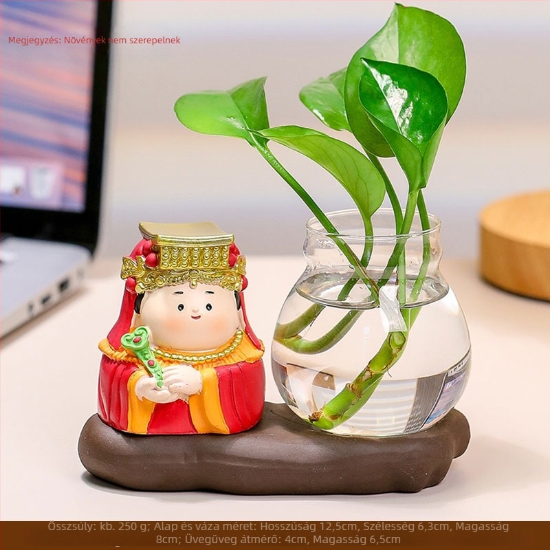 Irodai asztalra szánt Zhong Kui díszfigura gyantából, hidroponikus vázzal és az Öt Gazdagság Isteneivel