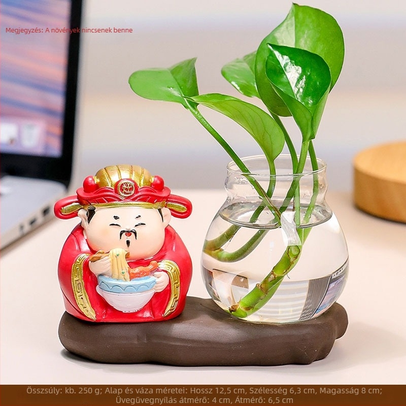Irodai asztalra szánt Zhong Kui díszfigura gyantából, hidroponikus vázzal és az Öt Gazdagság Isteneivel