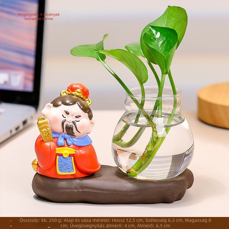 Irodai asztalra szánt Zhong Kui díszfigura gyantából, hidroponikus vázzal és az Öt Gazdagság Isteneivel